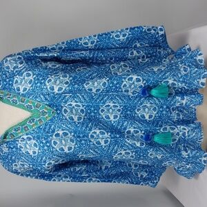 Bella Tu Blue and White Tunic with Green Beaded Accents